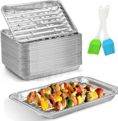 Bandejas desechables BBQ: 30 unidades, aluminio perforado (34x23x2.8cm)
