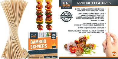 Brochetas de bambú Blaze Buddy: 100 pinchos de 30cm para barbacoa.