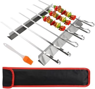 Juego de brochetas para barbacoa con soporte: acero inoxidable, 6 pinchos, 2 estantes.
