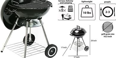 Parrilla redonda con tapa, ruedas, termómetro: ideal para barbacoas.
