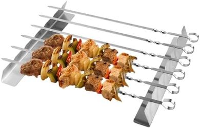 Pinchos Barbacoa Acero Inoxidable: 8 unidades, 42cm, con soporte y bolsa.
