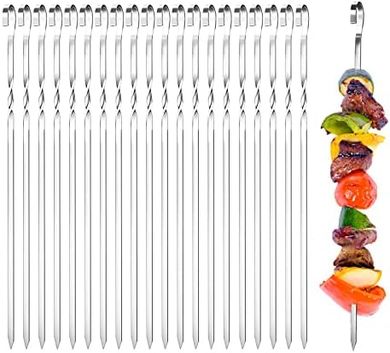 Brochetas de acero inoxidable (20, 38cm), reutilizables y aptas para lavavajillas.
