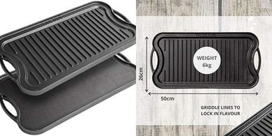 Parrilla doble cara pre-sazonada: plancha hierro fundido 50x25cm