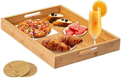 Bandeja rectangular de bambú con asas para servir (40x28 cm) + 2 posavasos