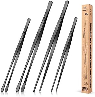 Pinzas de cocina profesionales: juego de 4 (12"/10", acero inoxidable, negro)