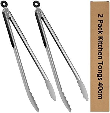 Pinzas para barbacoa de acero inoxidable, 40 cm de largo, mango de silicona resistente al calor, pinzas de barbacoa con bloqueo para cocinar, barbacoa, buffet, barbacoa, 2 unidades
