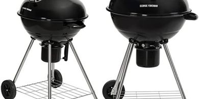 George Foreman GFKTBBQ, 60x51x88 - Hervidor redondo portátil para barbacoa de carbón, 47 cm, ventilación ajustable, termómetro integrado, soporte y 2 ruedas con parrilla cromada